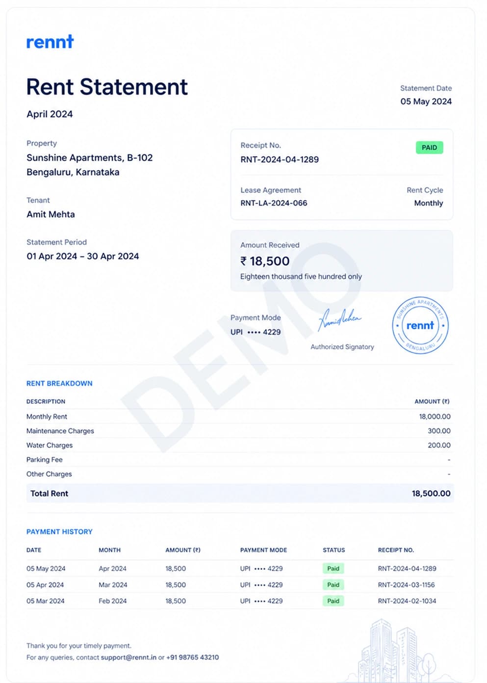 Sample Rennt rent statement PDF